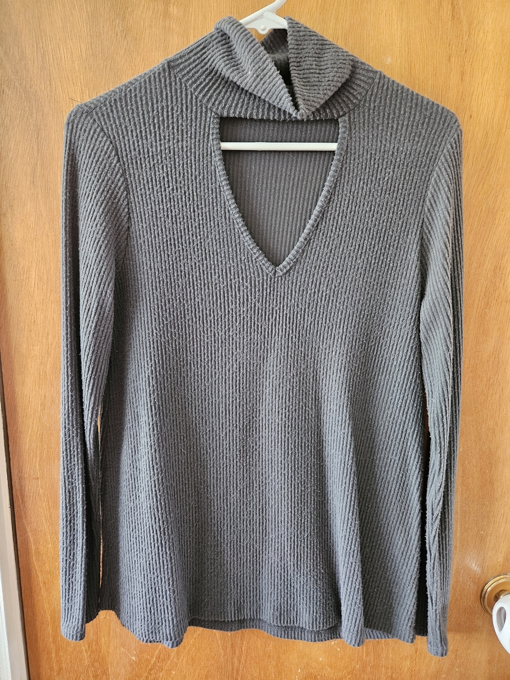 Hummingbird Gray Ribbed V-Neck Sweater with Mock Collar